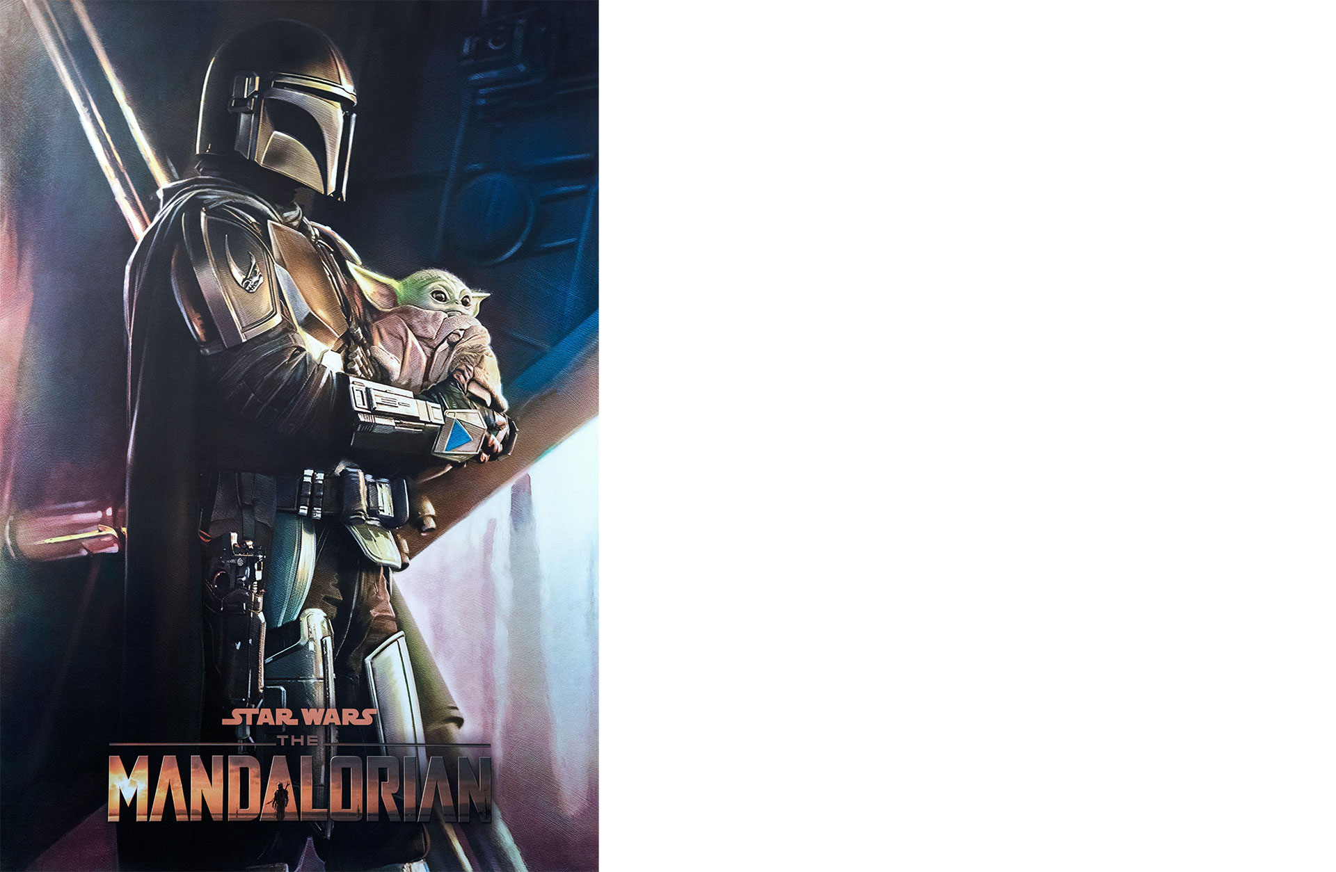 Filmaffisch för Mandalorian föreställande Baby Yoda i famnen på en Storm Trooper.