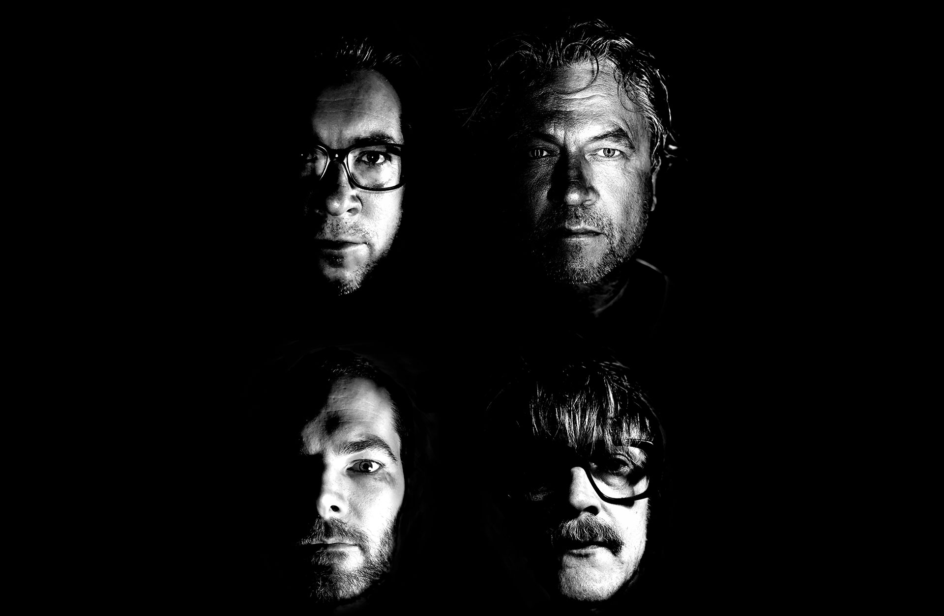 Svartvitt kollage med Nils Petter Molvaer och hans bandmedlemmar.