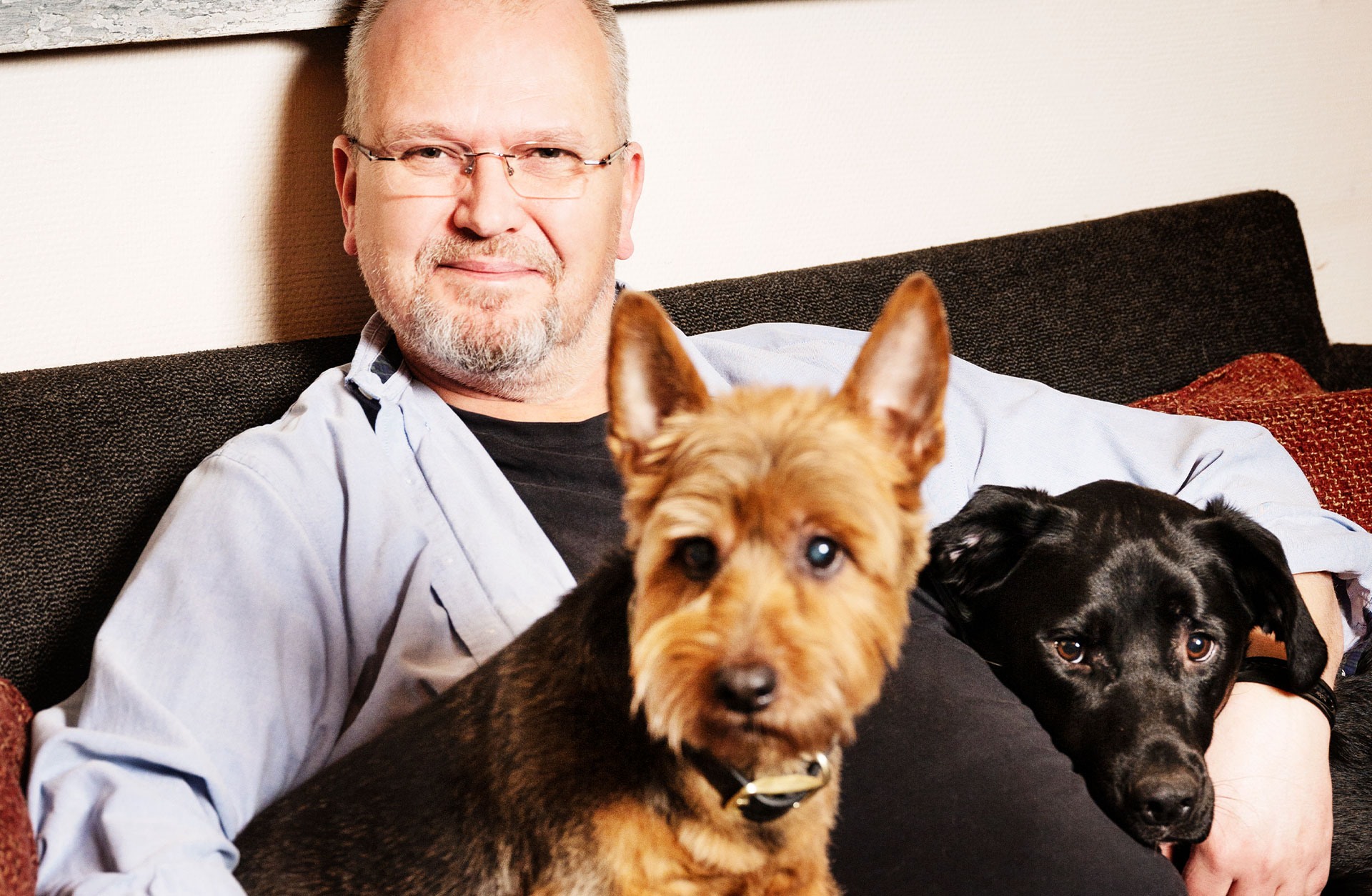Dick med sina hundar i en soffa