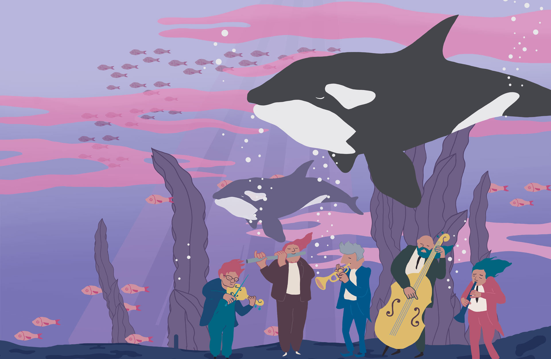 En illustration på musiker som spelar på havsbotten.