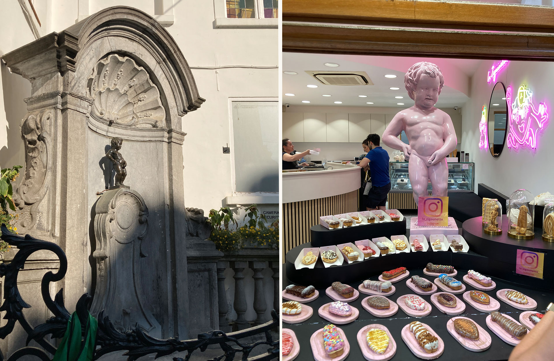 Kollage med en bild av Manneken Pis som staty och en bild från ett skyltfönster med våfflor formade som snoppar och snippor, samt en rosa avbildning av statyn.