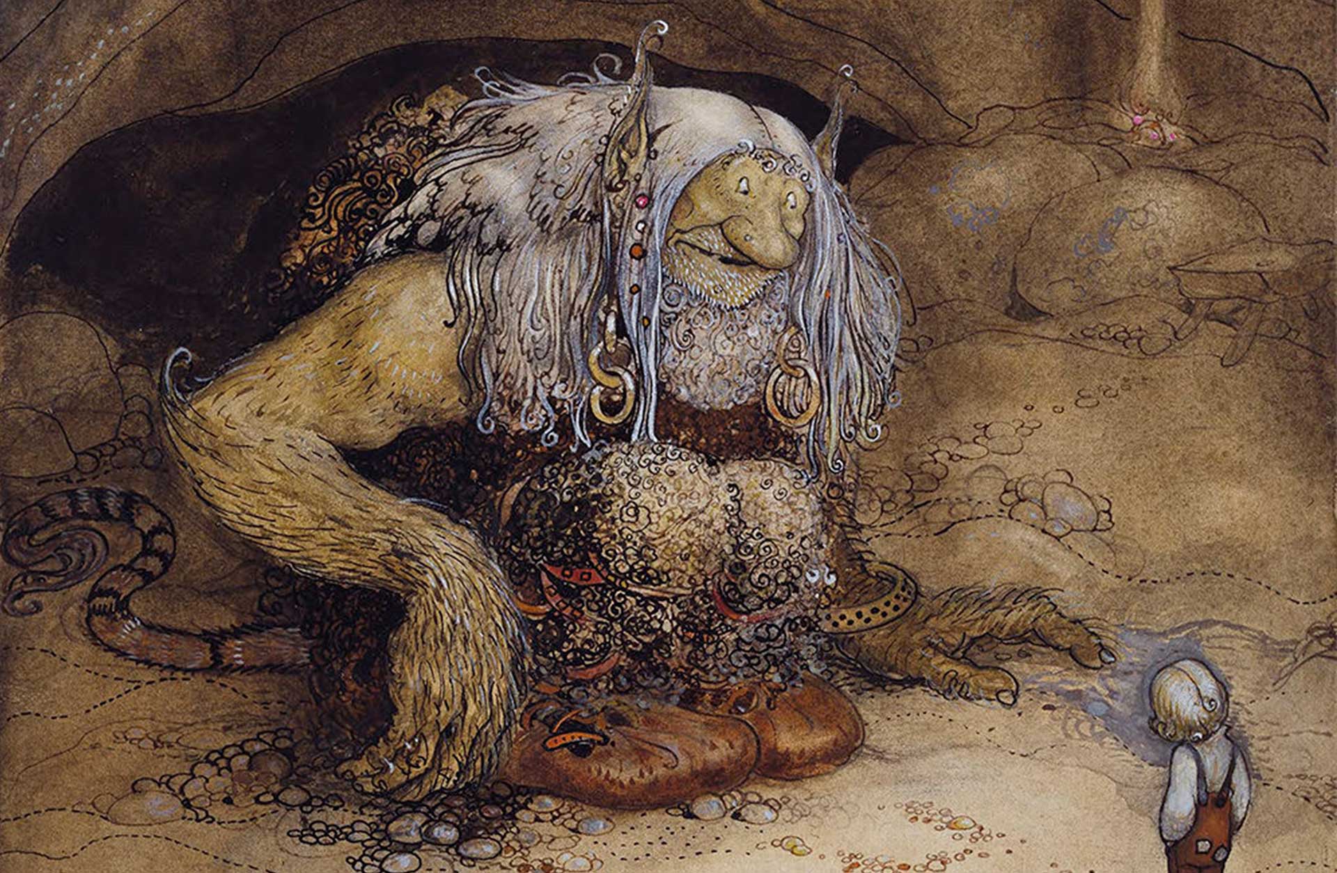 Målning av John Bauer föreställande ett stort troll som pratar med en liten pojke.