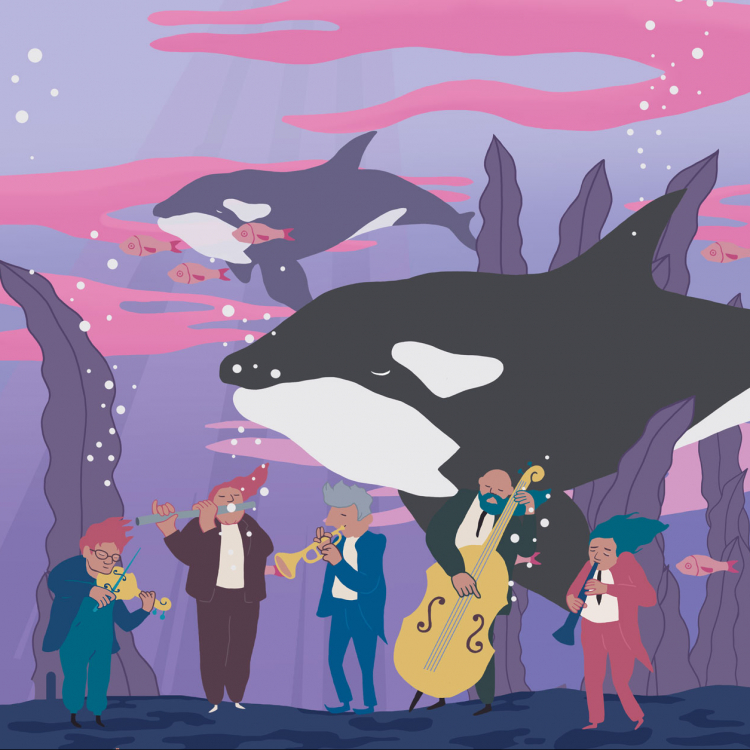 En illustration på musiker som spelar på havsbotten.