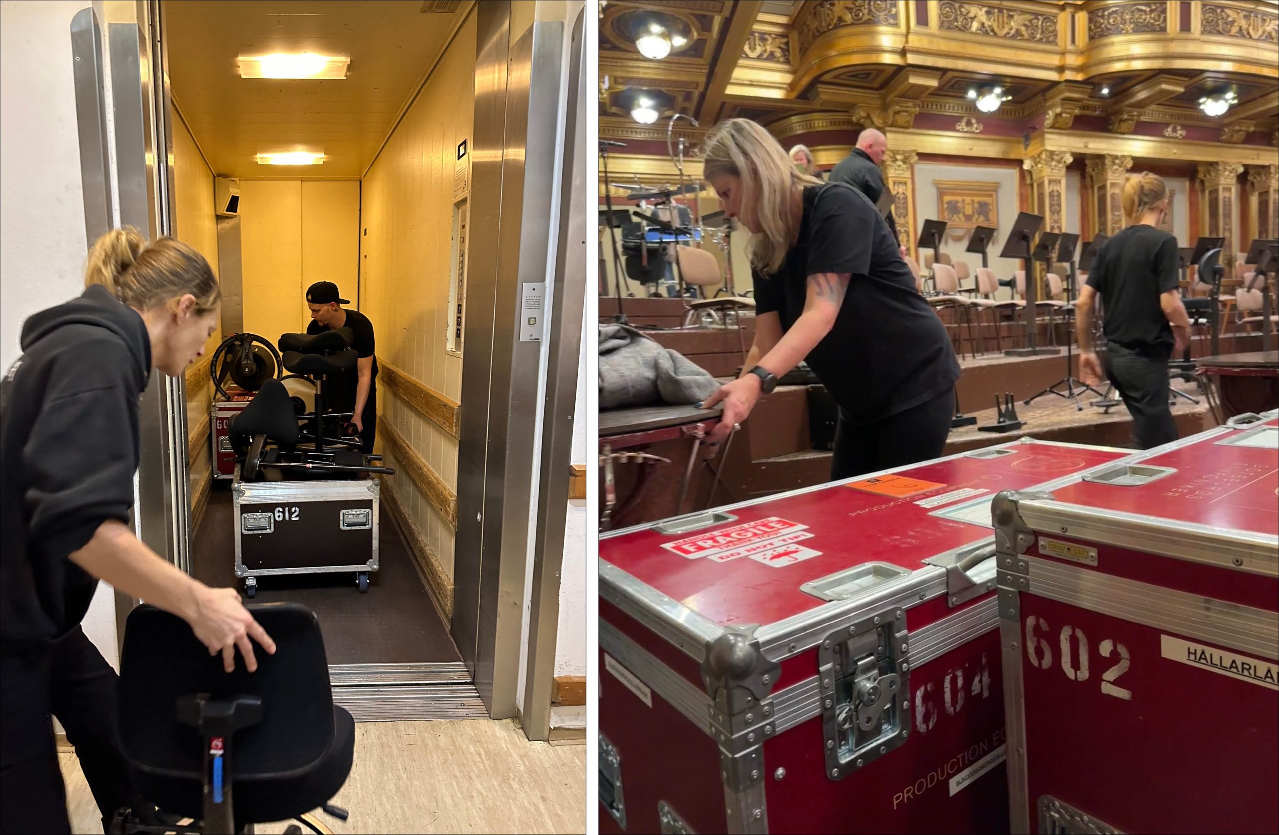 Två bilder: den ena föreställer personal som försöker få plats med pukor i hissen. Den andra podiepersonal som kör in instrumentlådor.
