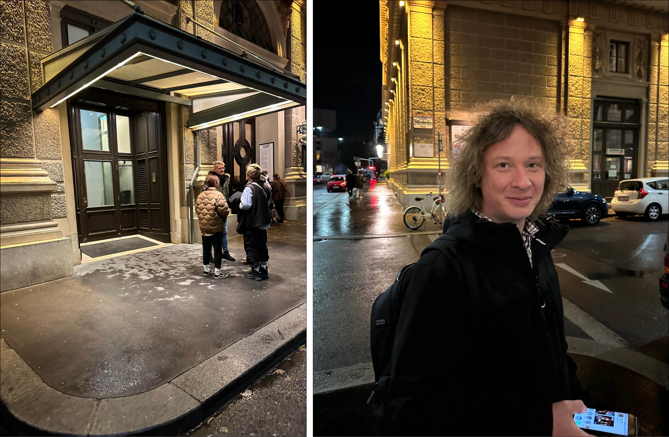 Musiker på väg in genom dörren på Musikverein och Santtu-Matias Rouvali som ler in i kameran.