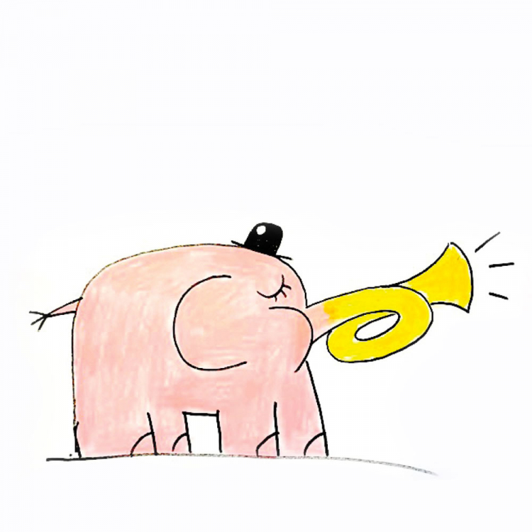 En rosa tecknad elefant med en liten svart hatt påhuvudet blåser i ett gult horn. Bild av Owe Gustafsson .