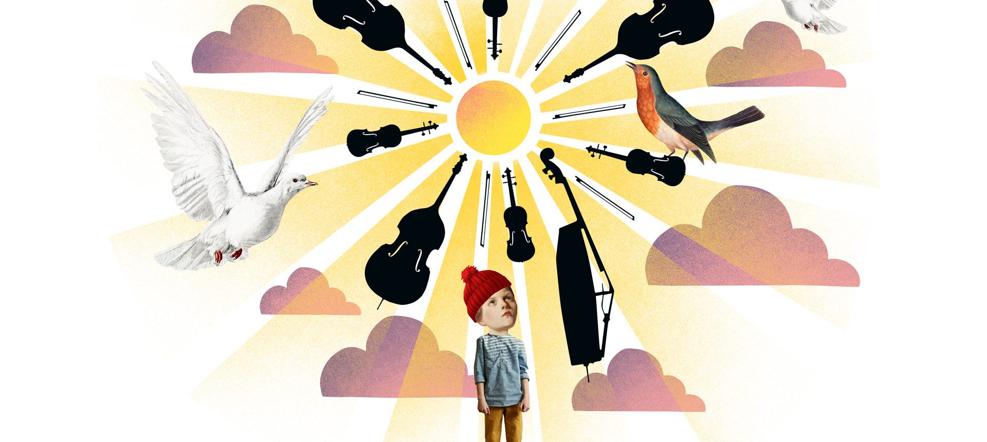 En illustration av ett barn som står på marken under en sol. Från solen strålar instrument.