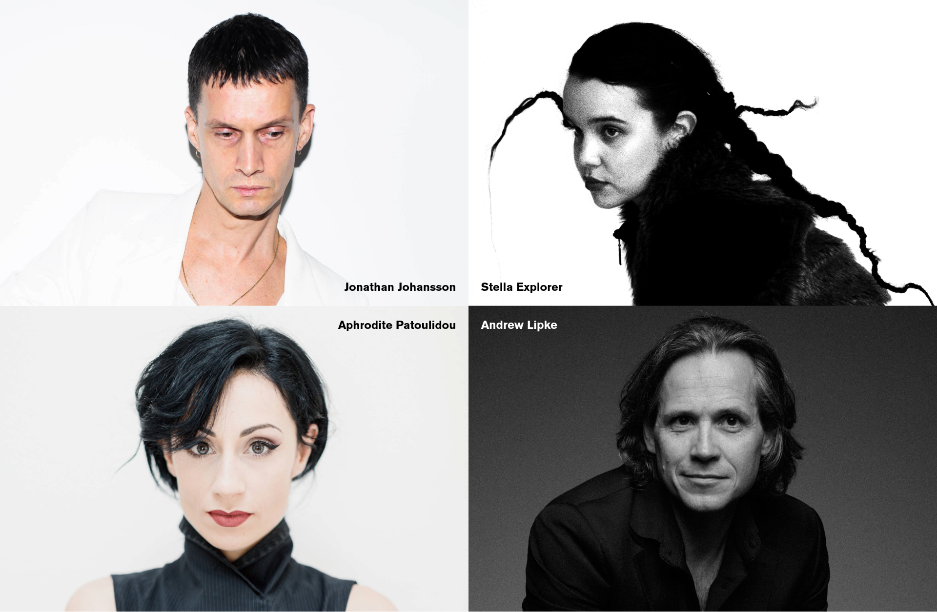 Porträtt på Jonathan Johansson, Stella Explorer, Aphrodite Patoulidou och Andrew Lipke.