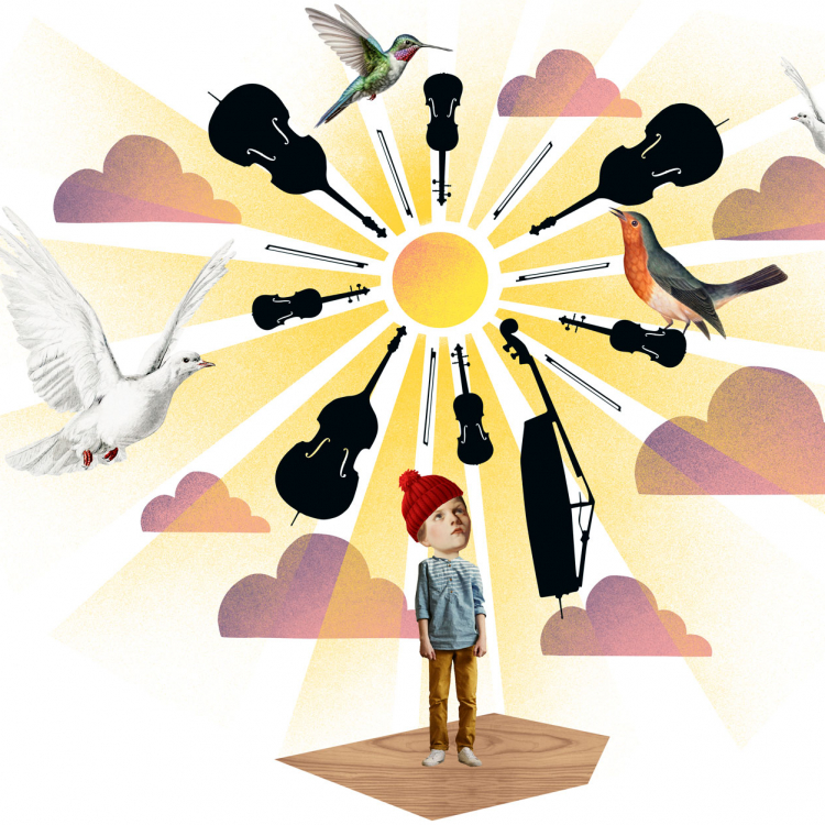 En illustration av ett barn som står på marken under en sol. Från solen strålar instrument.