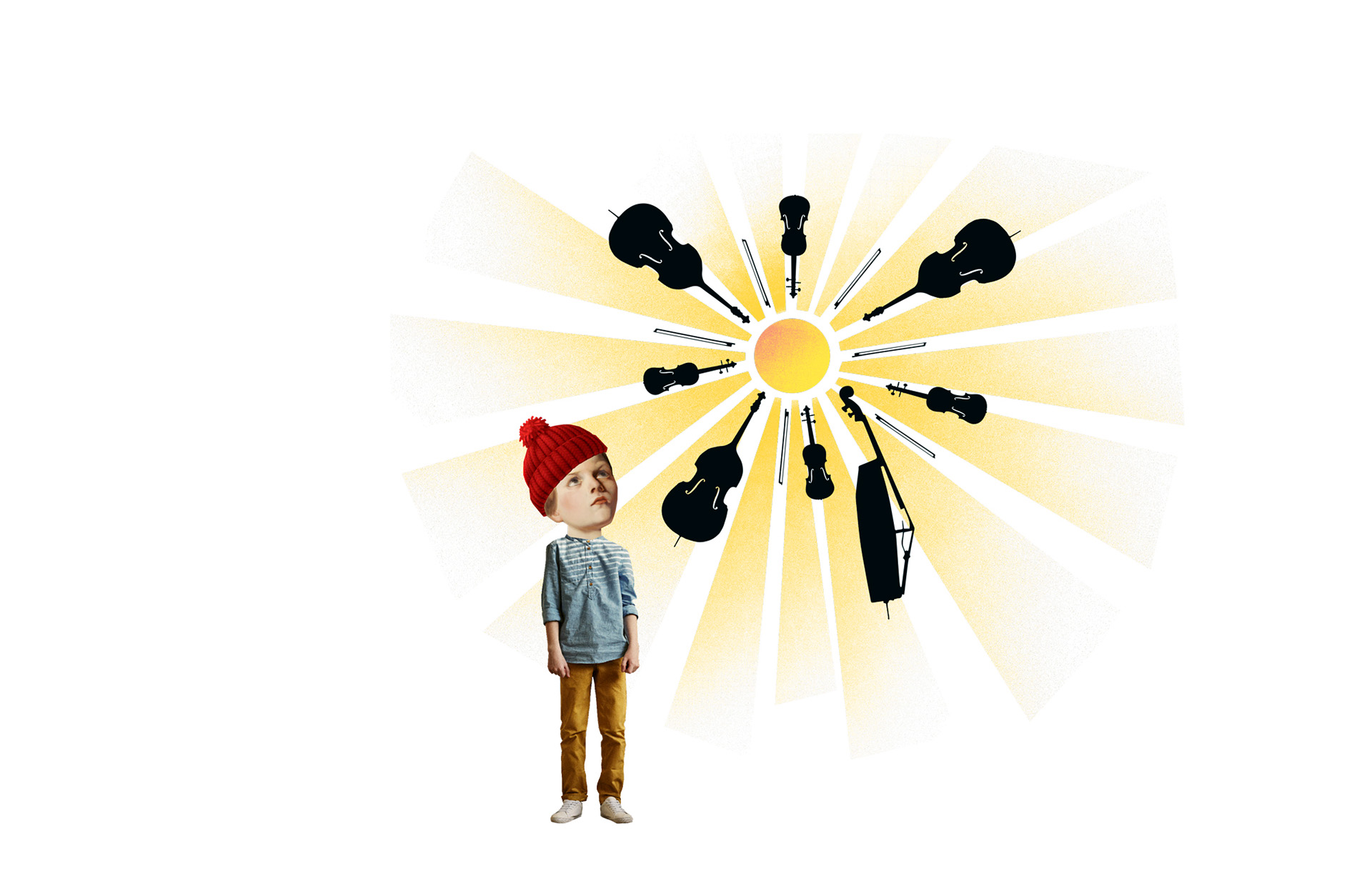 En animerad pojke med röd mössa ser ut mot en sol med instrument.